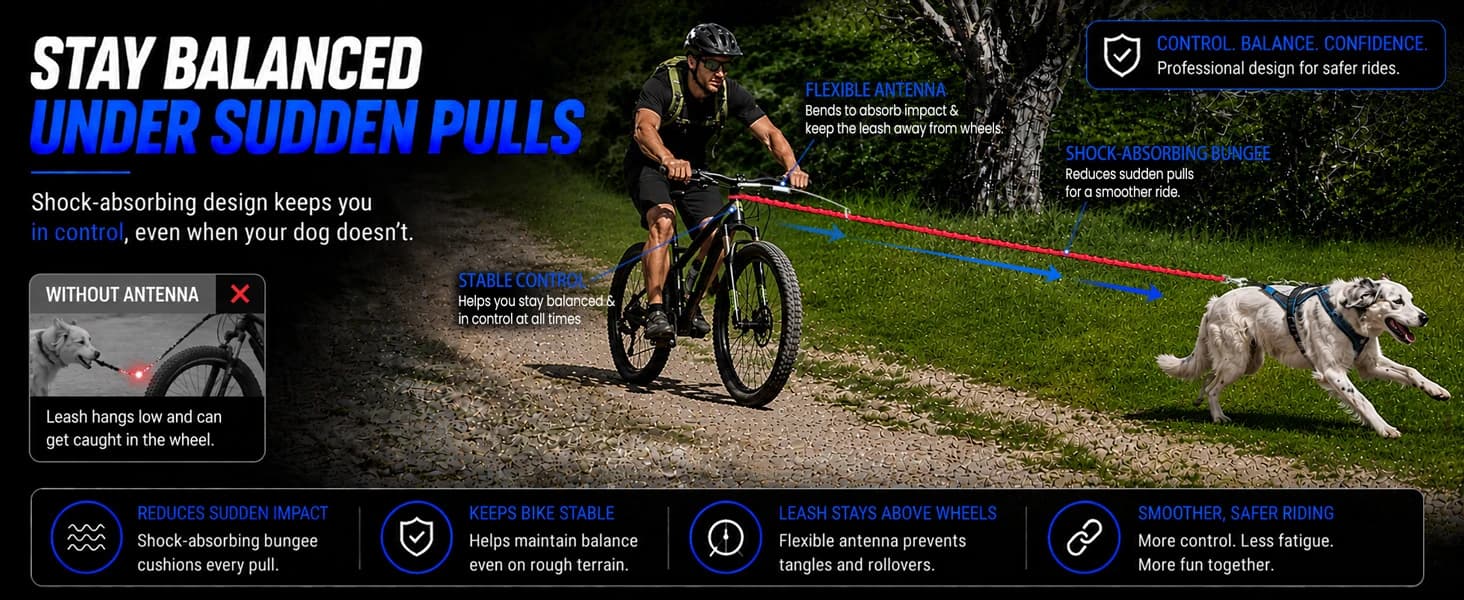 Dog Bike Leash — Shock-Absorbing Bikejoring Leash with Antenna for M/Large Dogs — Stay Balanced — Ride Safe – No More Tangles or Pulls