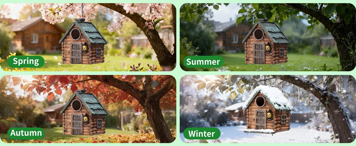 Bird Houses for Outside Real Wood-Look Resin Bird House with Hanging Chain – Waterproof and Durable Forest — product details