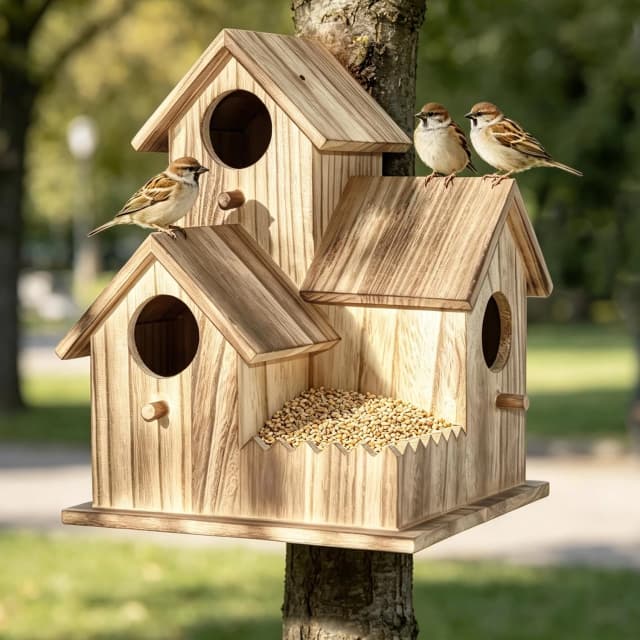 Large Wooden Bird House for Outside — 3-Hole Birdhouse