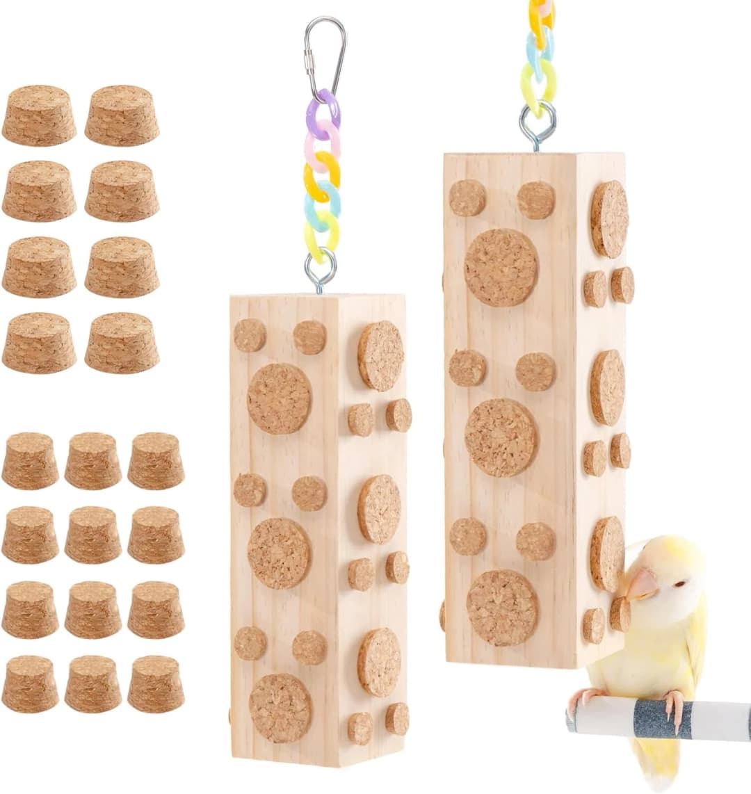 2 Pcs Wooden Bird Chew Toys - 7.9" Hanging Parrot Toys — 92 Detachable Corks