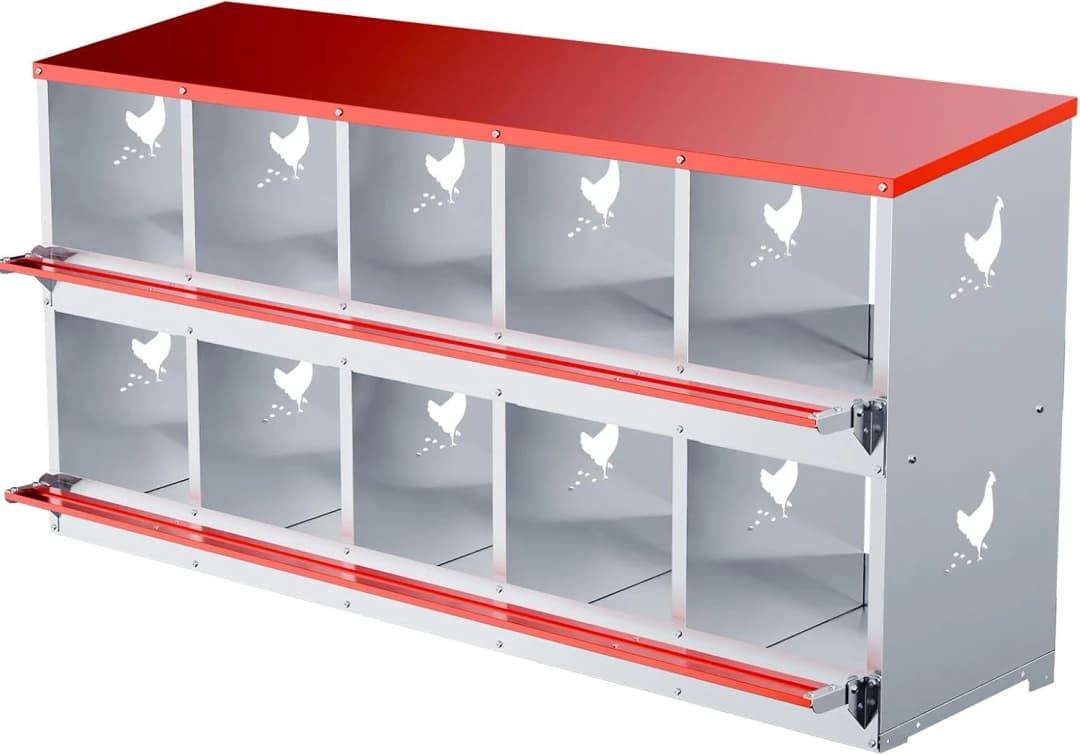 Chicken Nesting Boxes - 10 Compartment Metal Poultry Nest Box Wall Mount for Chickens — Hens
