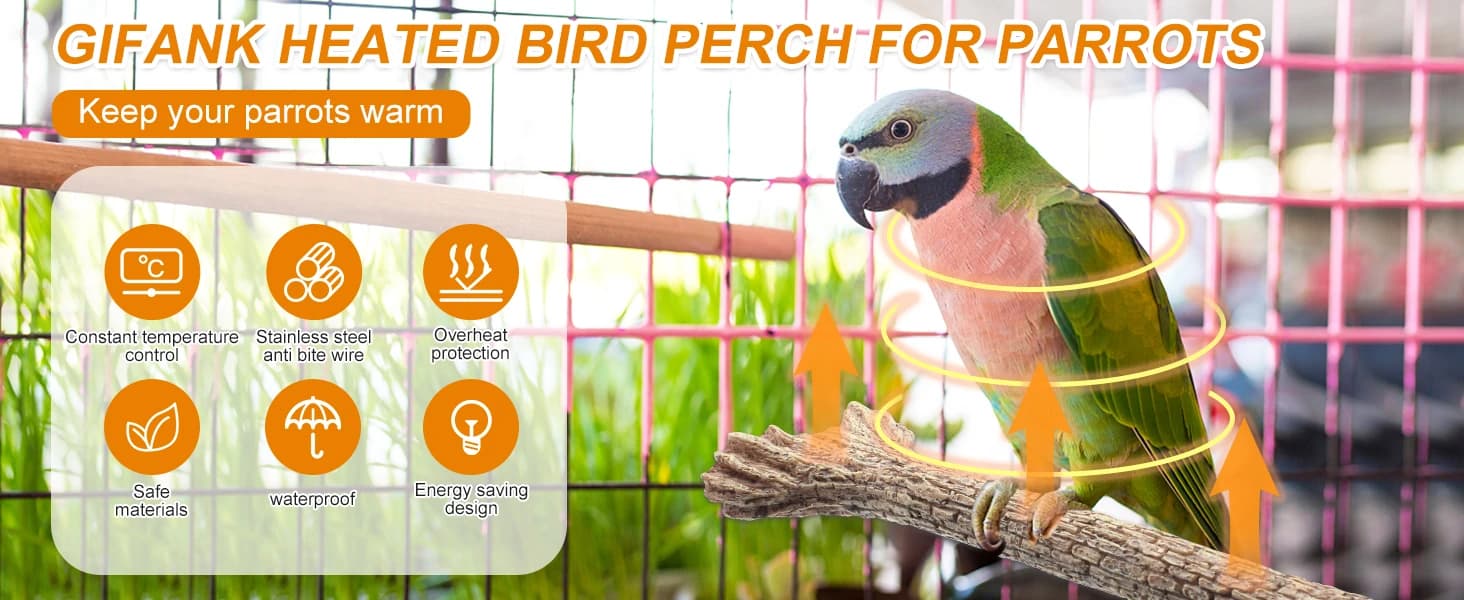 Heated Bird Perch for Cage Bird Thermo Perch Warmer Cage Heater for African Grey — Parakeets — 12V 5W Simulated Texture Heated Bird Perch for Cage