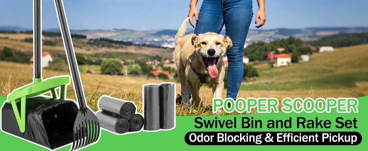 Dog Pooper Scooper — Swivel Bin and Rake Set with 100 Waste Bags — product details