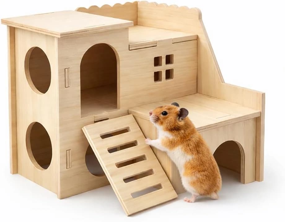 Tiny Hamster Maze Wood House Fun Slide House — Double-Decker Hut for Dwarf Gerbil Mouse Mice Rat Small