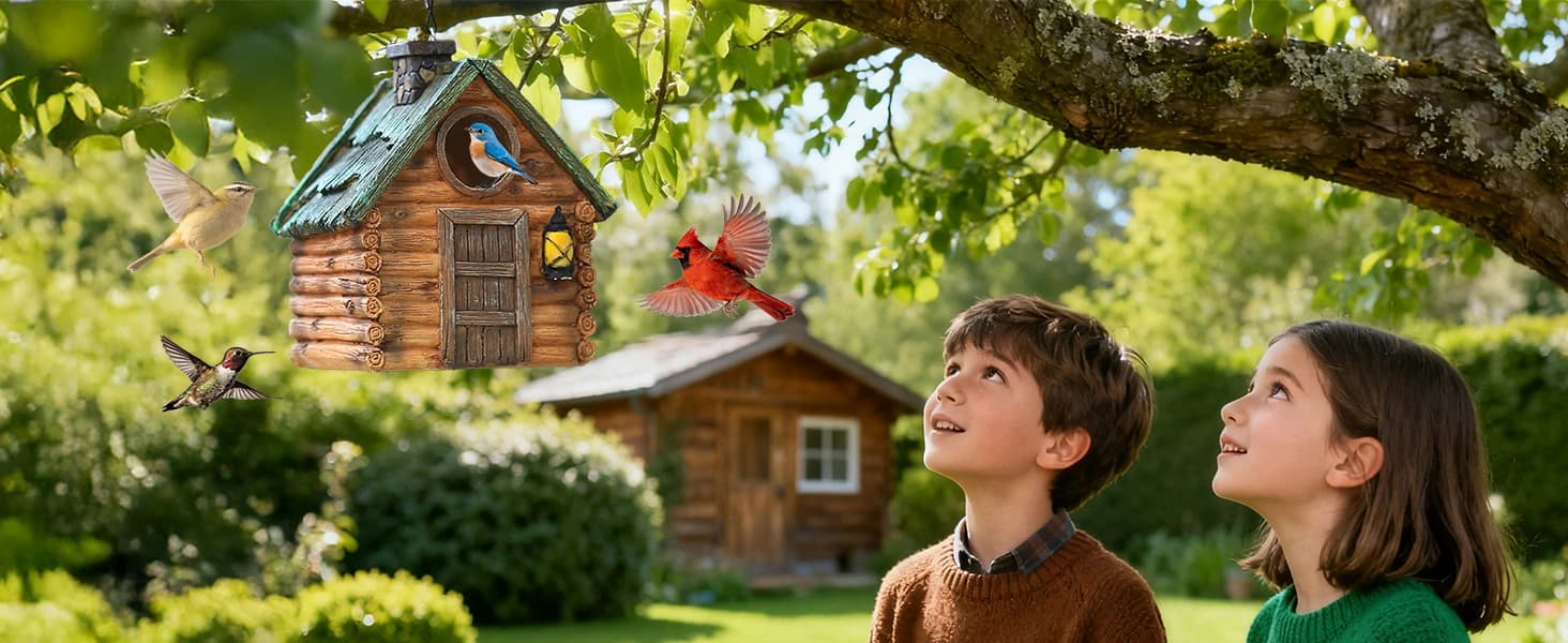 Bird Houses for Outside Real Wood-Look Resin Bird House with Hanging Chain – Waterproof and Durable Forest — product details
