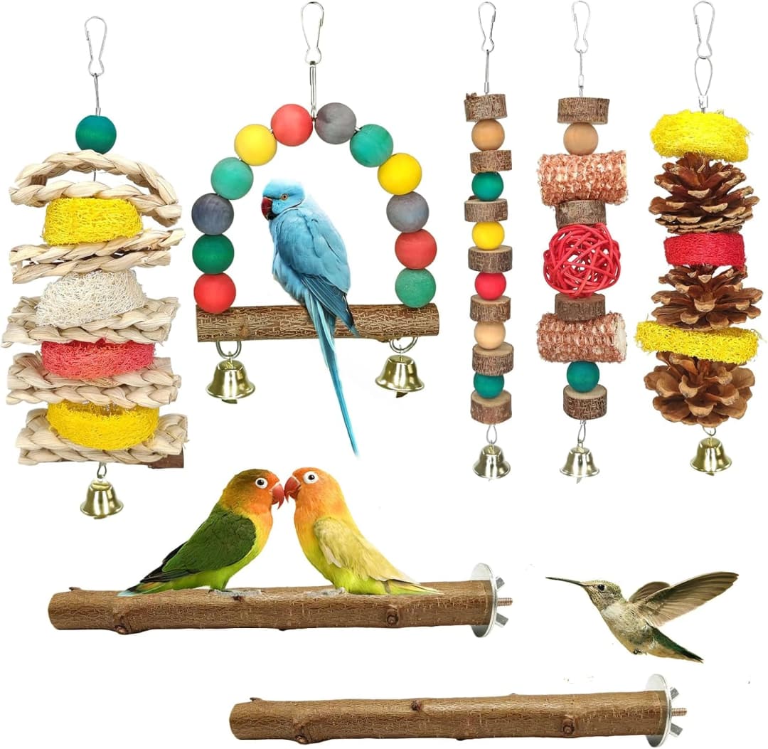 7 Pcs Natural Wood Bird Toy and Perch for Parakeets
