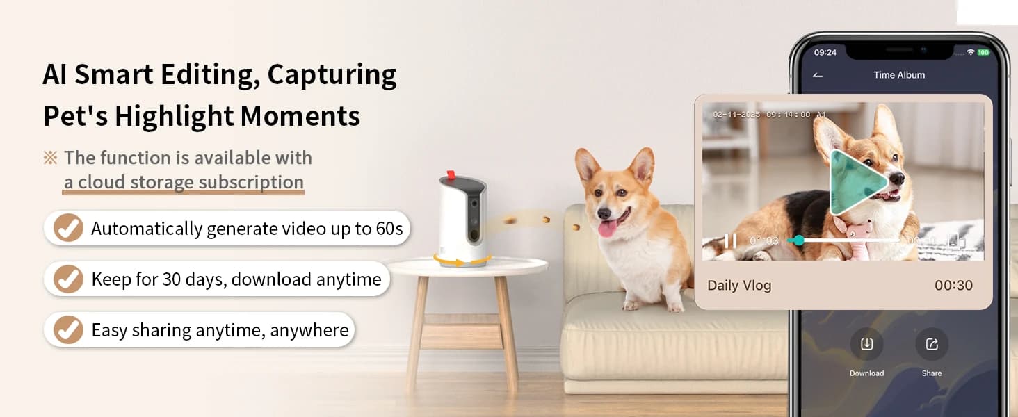 2K Pet Camera Treat Dispenser — Time Album-Recording Pet's Growth and Treasuring Memories