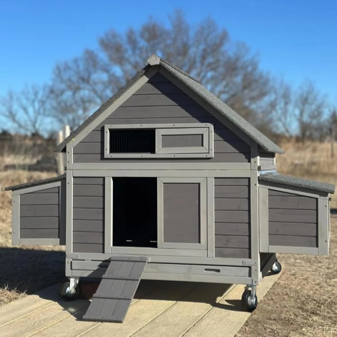 Large Chicken Coop on Wheels Mobile Wooden Hen House Weatherproof Duck Poultry Cage 67.3" L for 6-8 Chickens