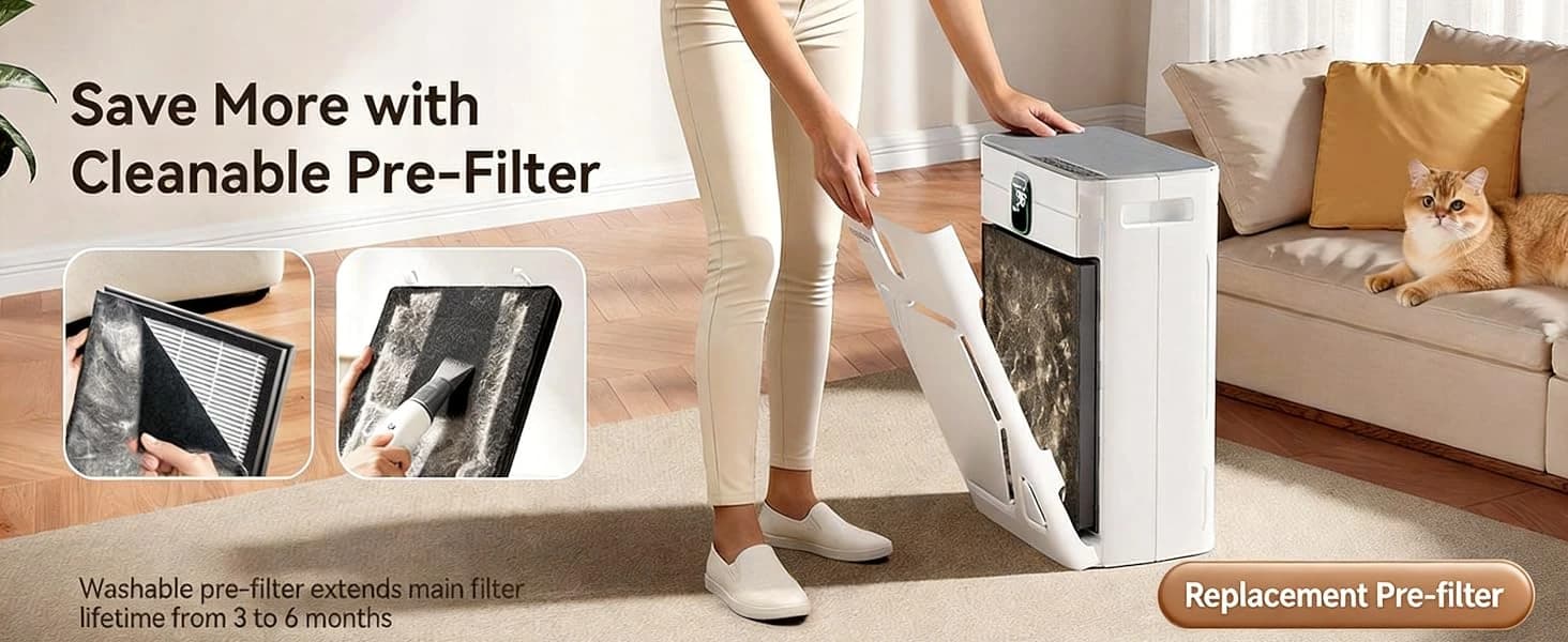 Pet Air Purifier for Home — Dual-sided Intake Air Purifier — Washable Pre-filters and Cost-saving Filters