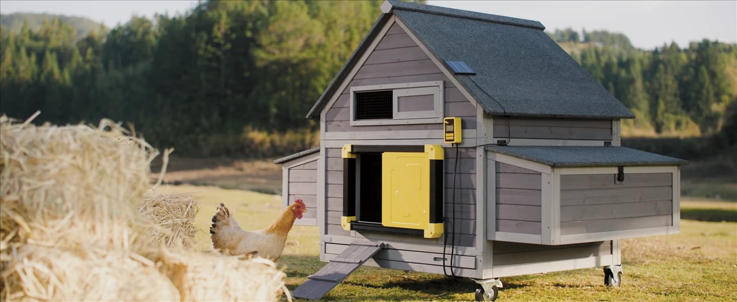Large Chicken Coop on Wheels Mobile Wooden Hen House Weatherproof Duck Poultry Cage 67.3" L for 6-8 Chickens — Smart Chicken Coop with Automatic Chicken Door