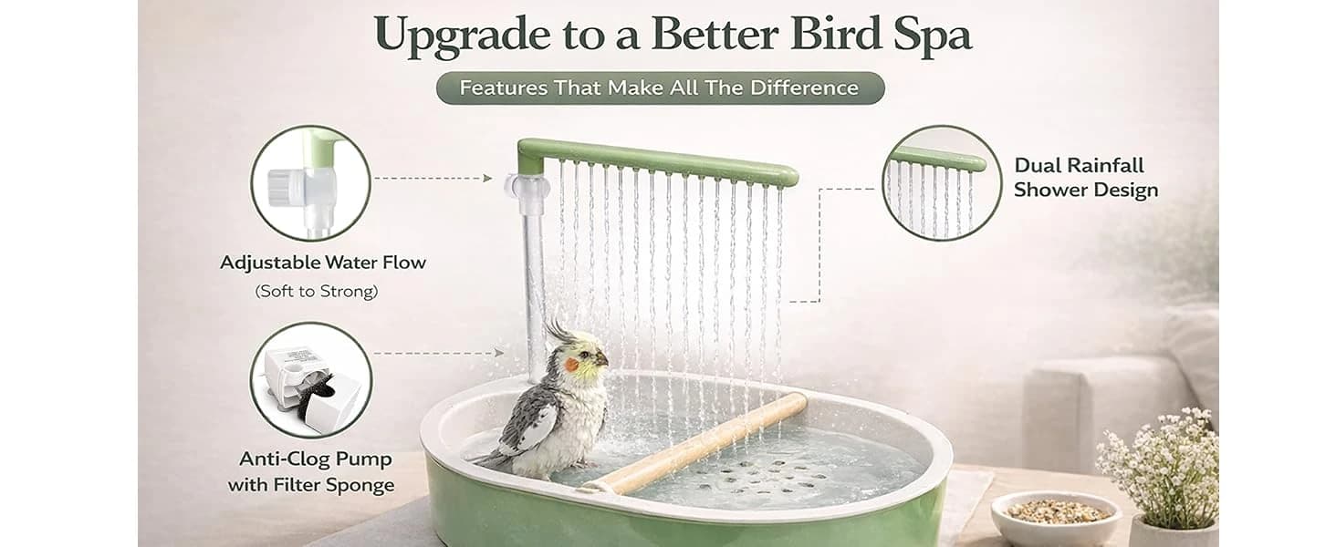 Indoor Bird Bath Fountain — Dual Rainfall Parrot Shower with Anti-Clog Pump and Filter Sponge — product details