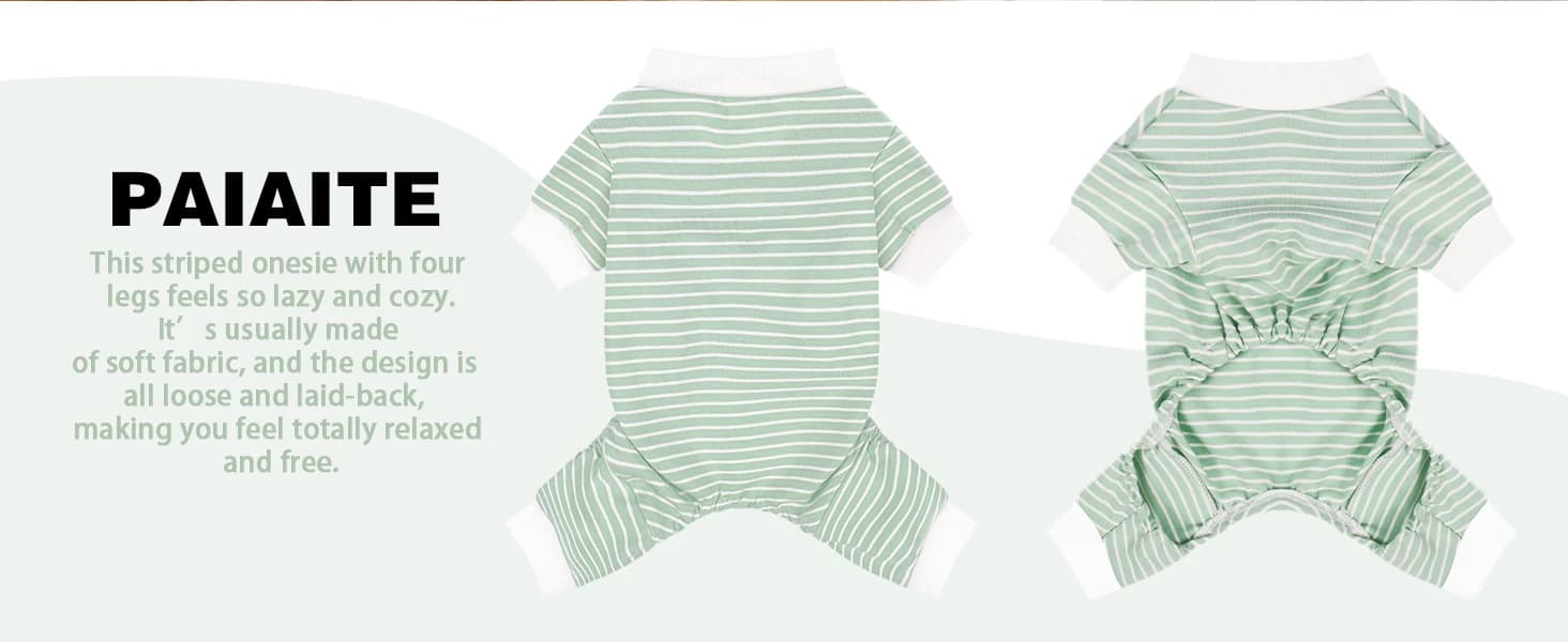 Green Striped Dog Pajamas: 4-Legged Cotton Stretchable Jumpsuit Pjs - Lightweight Cozy Puppy Onesie Clothes — product details