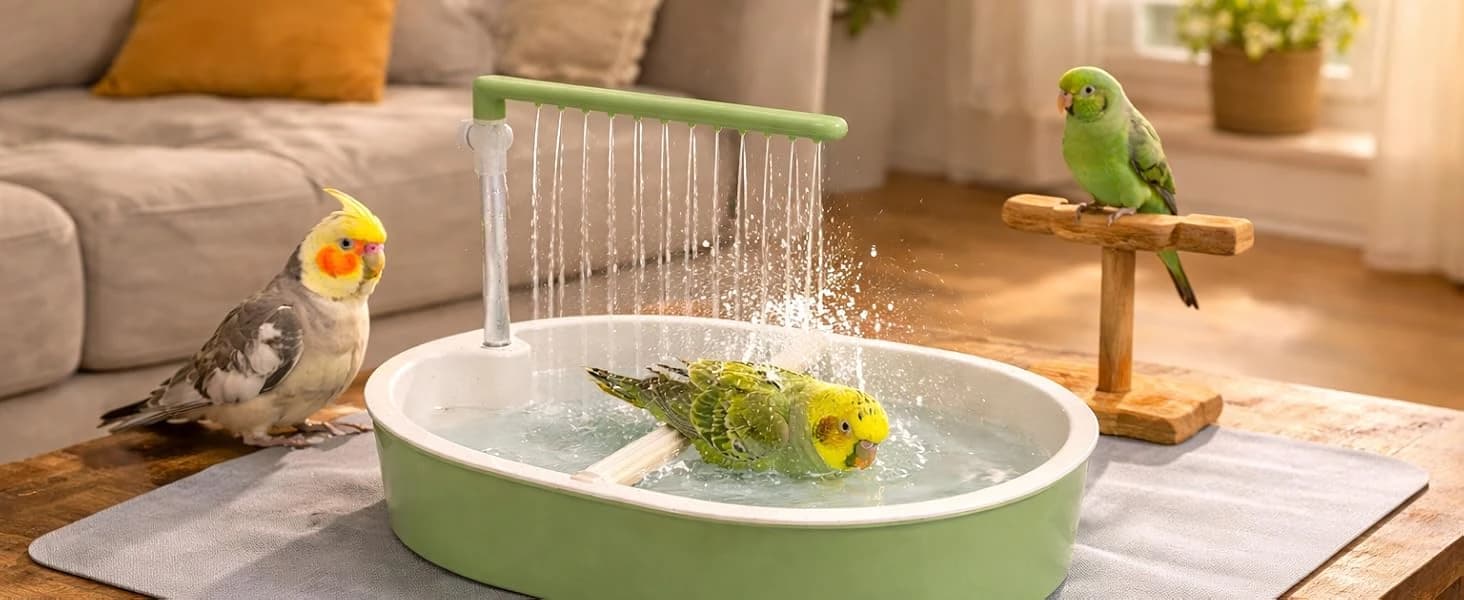 Indoor Bird Bath Fountain — Dual Rainfall Parrot Shower with Anti-Clog Pump and Filter Sponge — product details