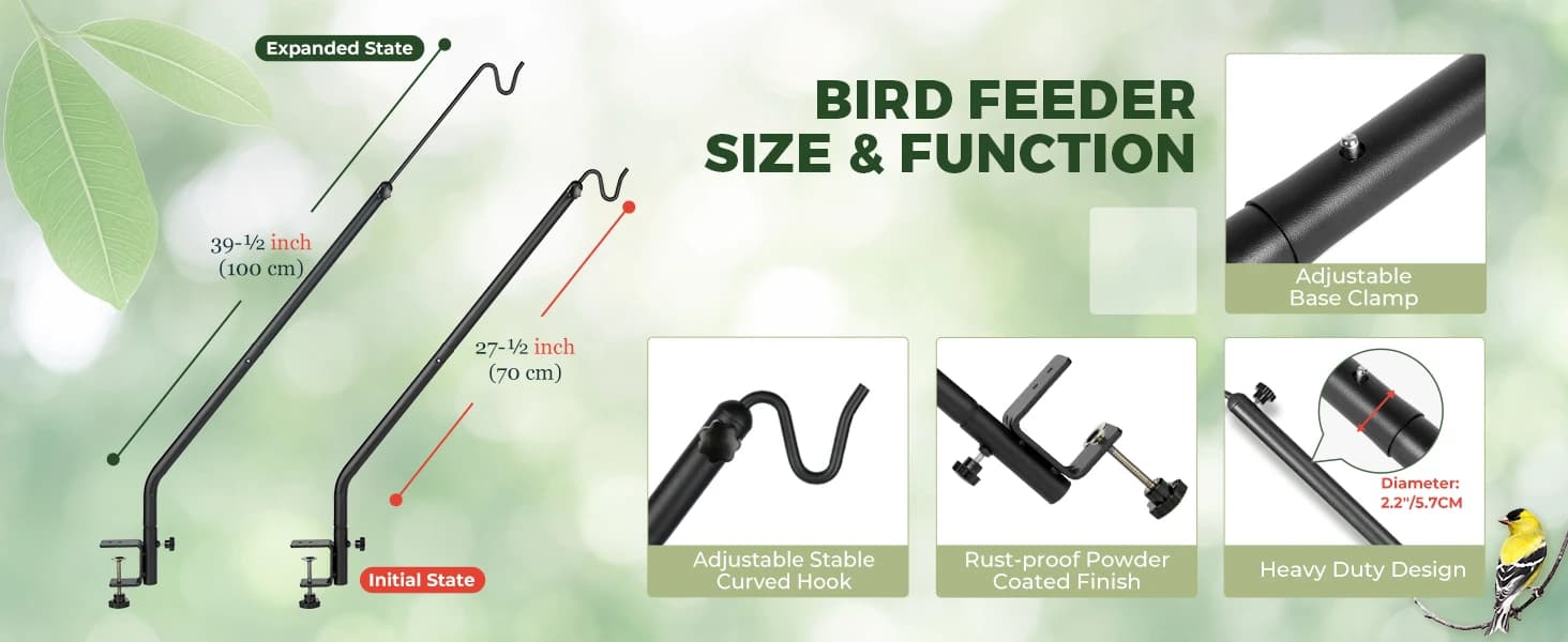 Heavy Duty Deck Hook — 27"-39" Adjustable Metal Deck Railing Hooks for Hanging Bird Feeders — product details