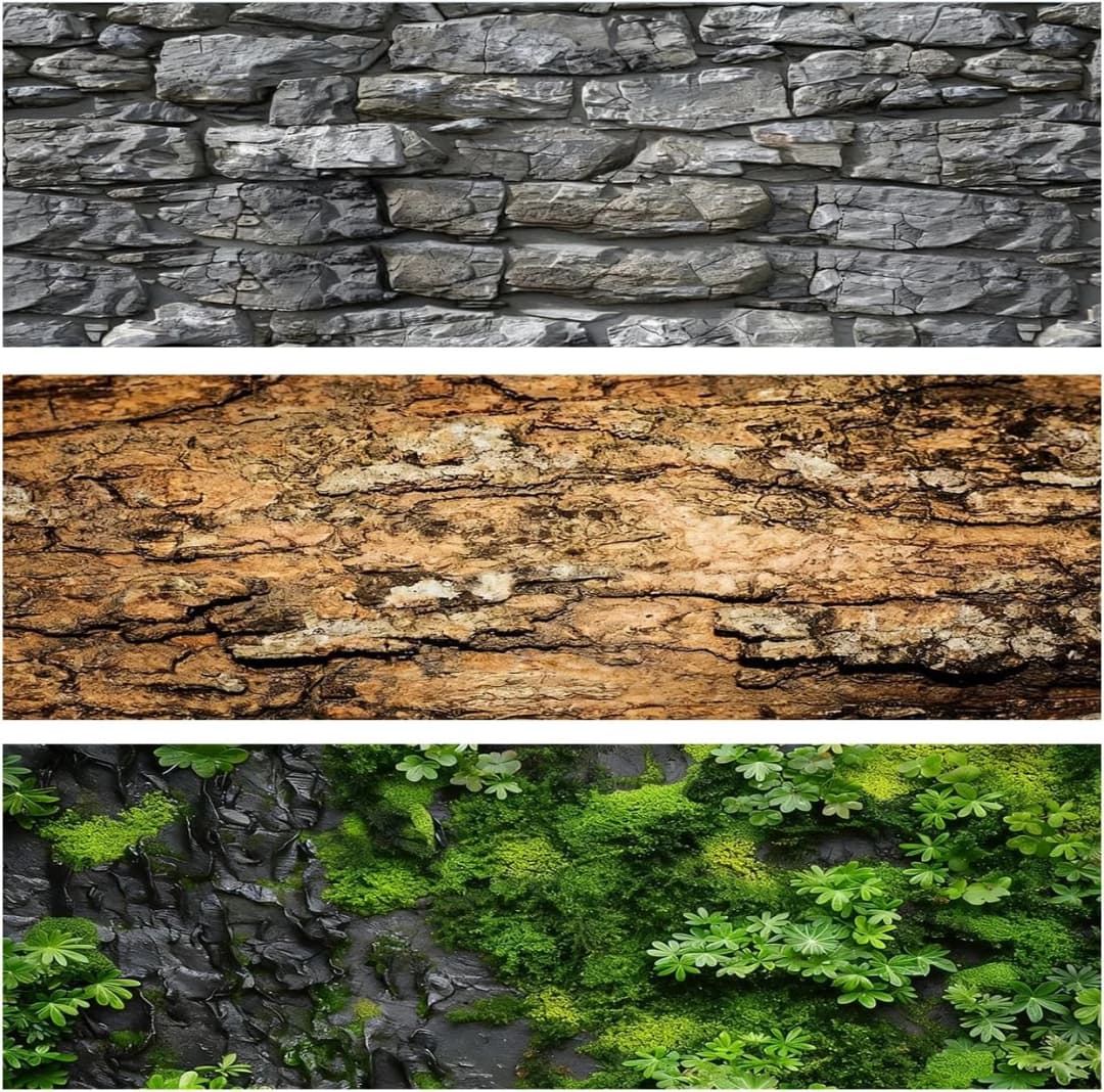 Reptile Terrarium Background 48"×24" 3PCS – Polyester Fabric Bearded Dragon Tank Decor with Gray Rock Bark and