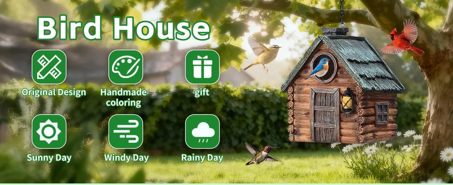 Bird Houses for Outside Real Wood-Look Resin Bird House with Hanging Chain – Waterproof and Durable Forest — Bird House Bring Nature Closer to Your Home
