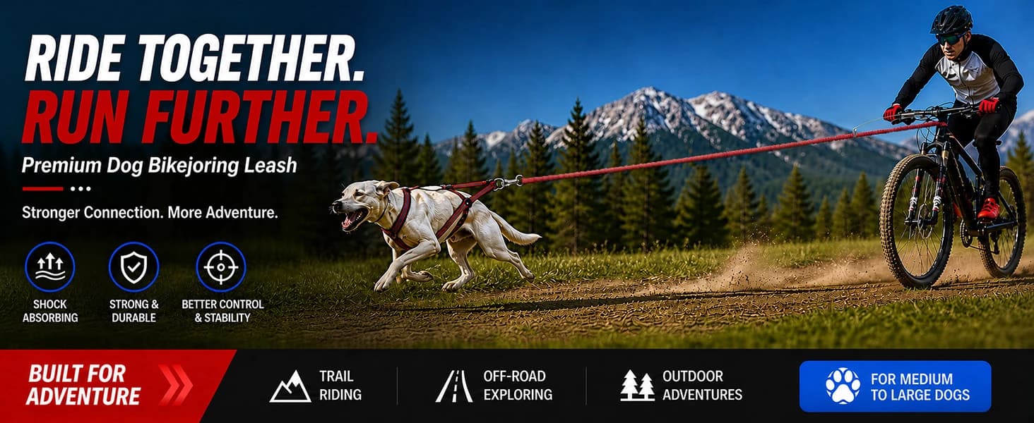 Dog Bike Leash — Shock-Absorbing Bikejoring Leash with Antenna for M/Large Dogs — Control and Comfort for Your Next Off-Road Journey