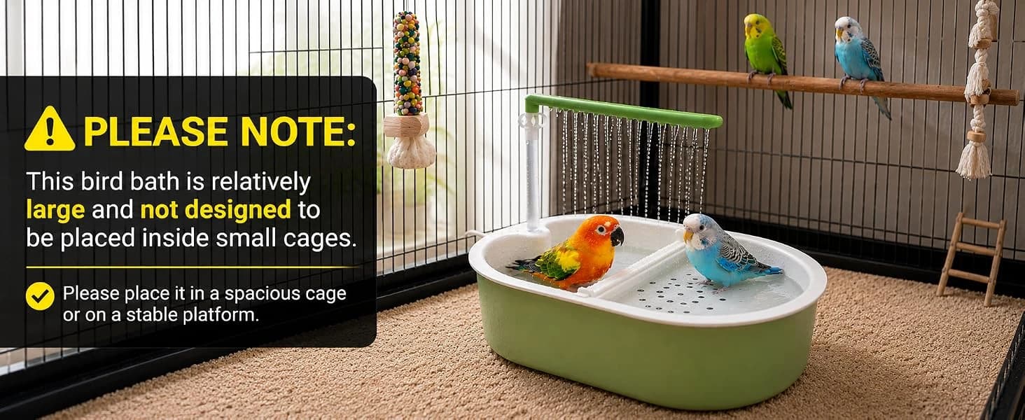 Indoor Bird Bath Fountain — Dual Rainfall Parrot Shower with Anti-Clog Pump and Filter Sponge — product details