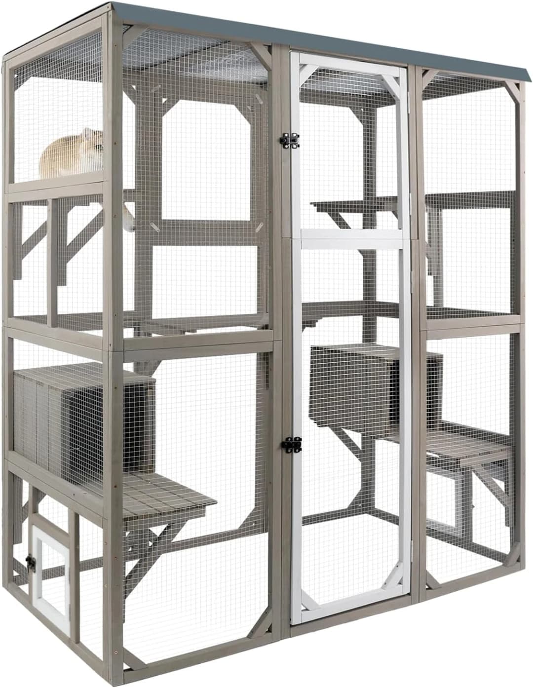 Outdoor Cat Catio Enclosures Large Wooden Cat House Patio for Indoor Cats Feral Cat Shelter with 2 Espace Doors