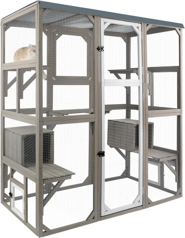 Outdoor Cat Catio Enclosures Large Wooden Cat House Patio for Indoor Cats Feral Cat Shelter with 2 Espace Doors