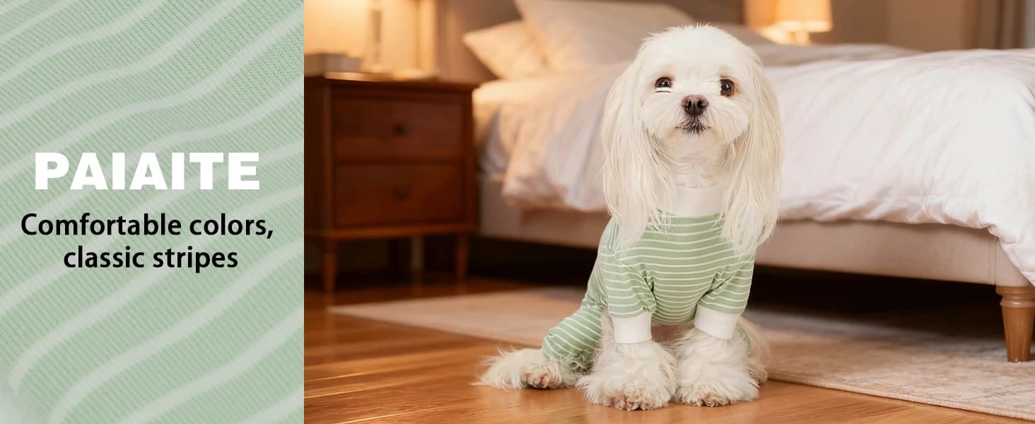 Green Striped Dog Pajamas: 4-Legged Cotton Stretchable Jumpsuit Pjs - Lightweight Cozy Puppy Onesie Clothes — product details