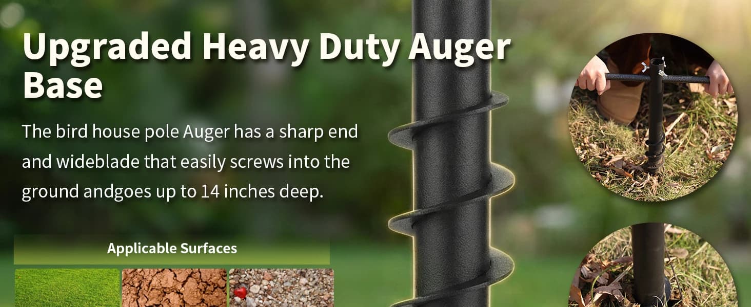 Heavy Duty Bird Feeder Pole - 109 Inch Adjustable 1 Inch Metal Bird House Pole with 14” Deep Auger Base | — Upgraded Design– Heavy Duty — Effortless Installation for All Soil Types