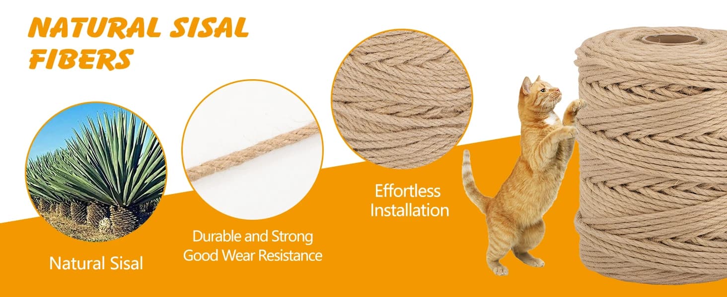 Natural Sisal Rope for Cat Scratcher — 1/4in x 164ft Twine for Cat Tree — product details