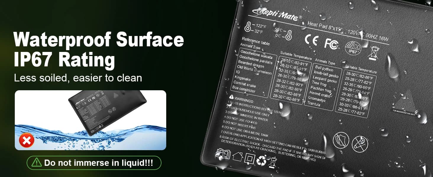 Reptile Heating Pad with Internal Sensor and Thermostat — Waterproof Surface IP67 Rating — Less soiled, easier to clean