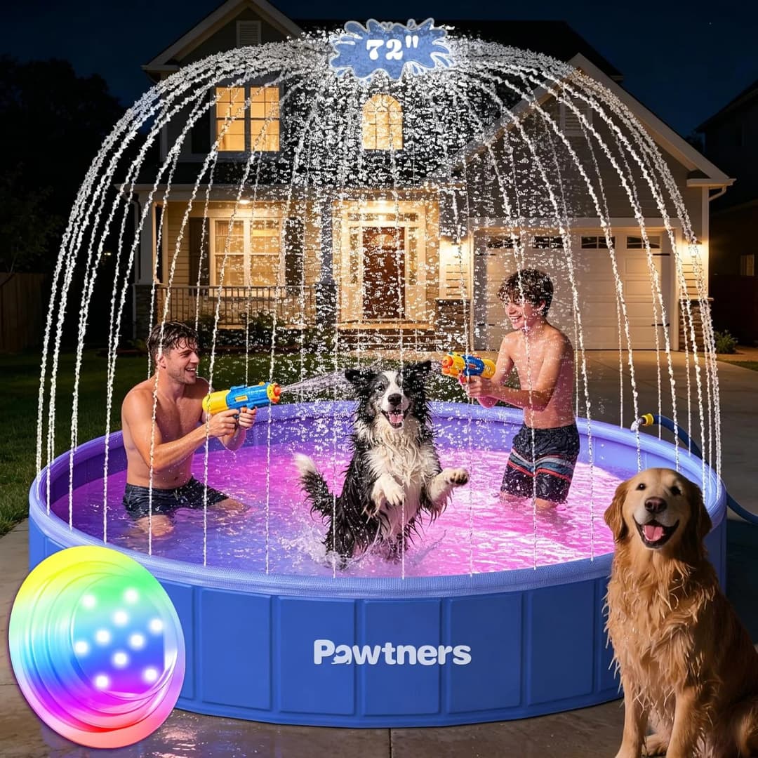 Foldable Dog Pool with Sprinkler and RGB LED Light