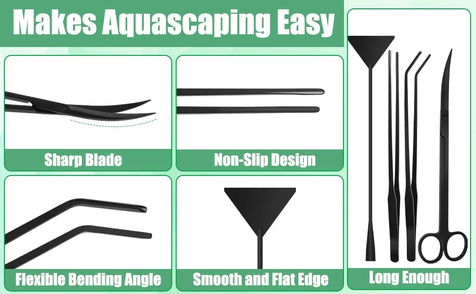 Aquarium Aquascape Tools Kit — 4 in 1 Anti-Rust Aquatic Plant Aquascaping Tool Stainless Steel Black Tweezers — product details