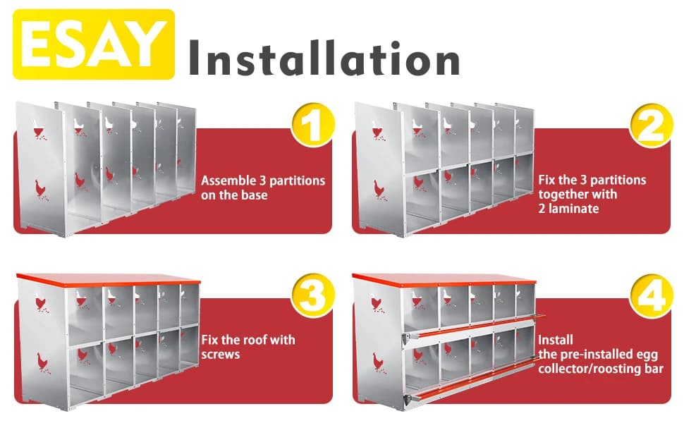 Chicken Nesting Boxes - 10 Compartment Metal Poultry Nest Box Wall Mount for Chickens — Hens — Easy to Install