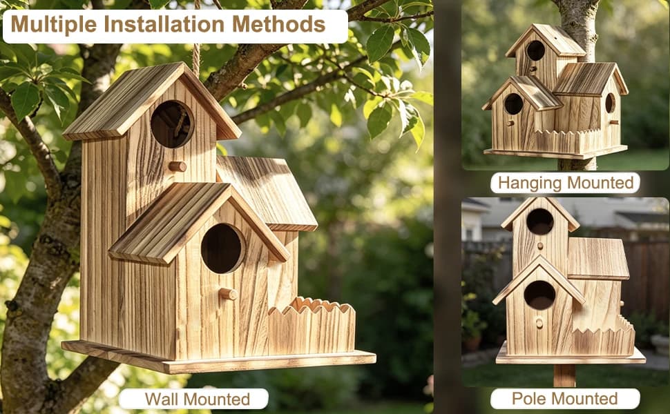 Large Wooden Bird House for Outside — 3-Hole Birdhouse — product details