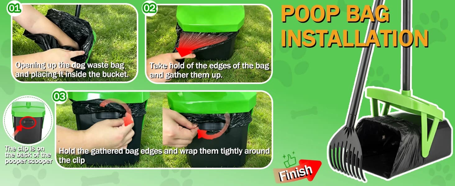 Dog Pooper Scooper — Swivel Bin and Rake Set with 100 Waste Bags — product details