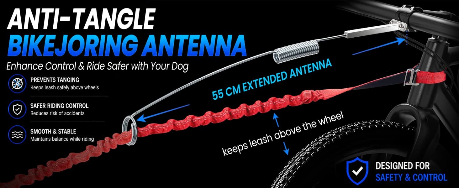 Dog Bike Leash — Shock-Absorbing Bikejoring Leash with Antenna for M/Large Dogs — Anti-Tangle Antenna, Ride Smooth and Stable
