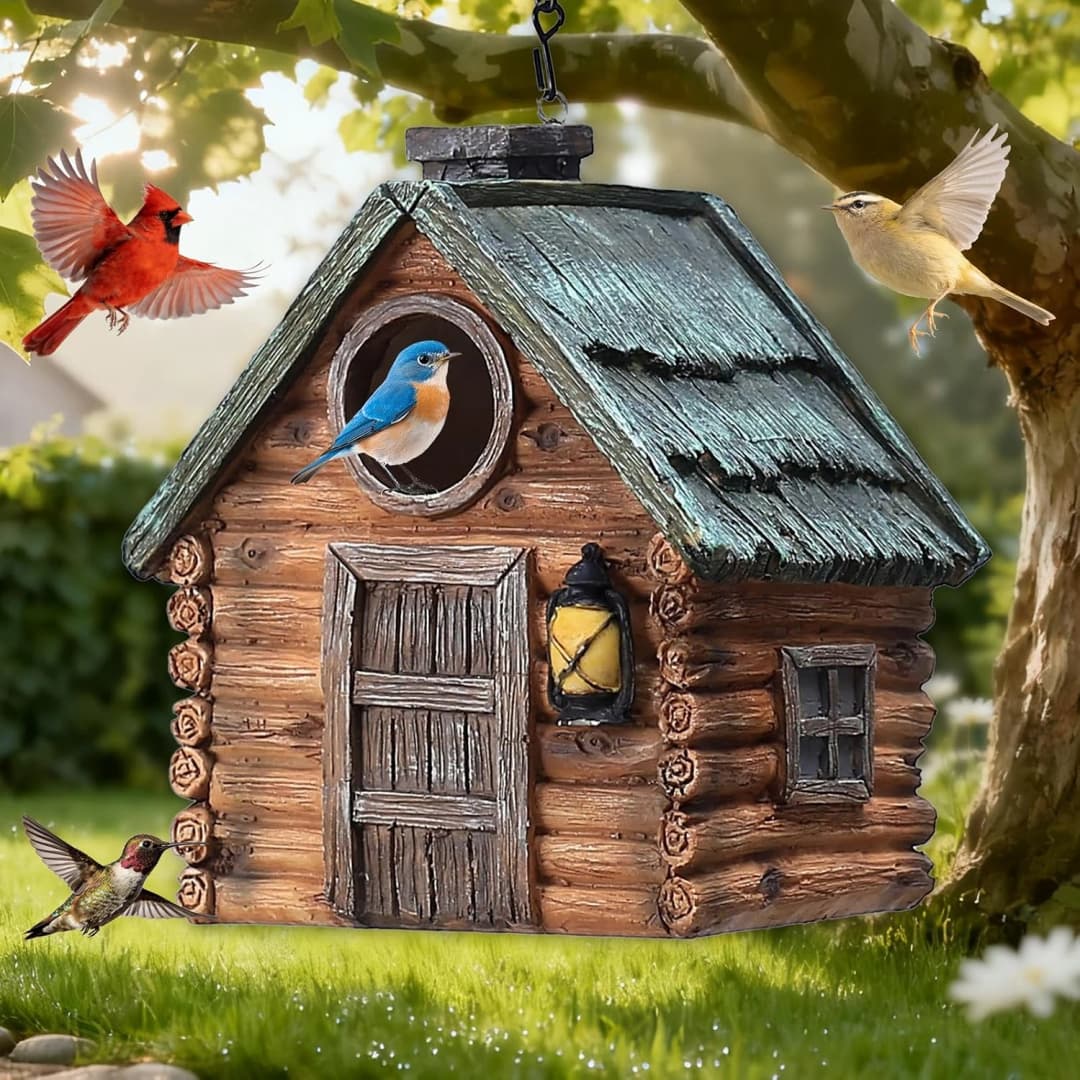 Bird Houses for Outside Real Wood-Look Resin Bird House with Hanging Chain – Waterproof and Durable Forest