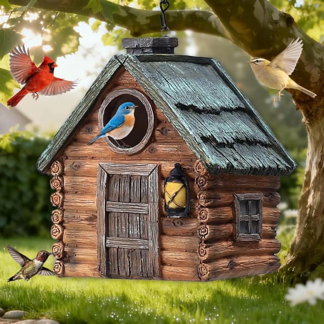 Bird Houses for Outside Real Wood-Look Resin Bird House with Hanging Chain – Waterproof and Durable Forest