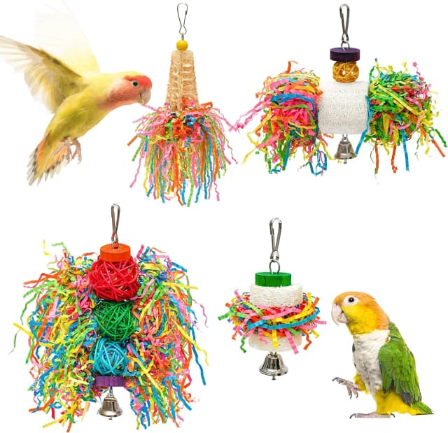 4PCS Bird Parrot Foraging Toys Parakeet Chewing Hanging Toy Shredded Paper Cage Accessories for Small Parrots