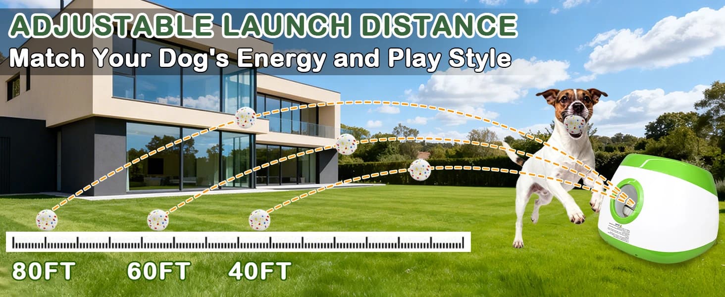 Automatic Ball Launcher for Dogs Large- 3 Distance Settings (40/60/80FT) w/Remote Control | 2.5" ETPU Tennis — Three Distance Settings