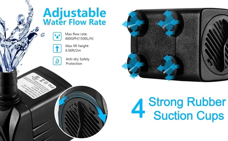 400GPH Submersible Fountain Water Pump for Pond Aquarium Hydroponics — Adjustable