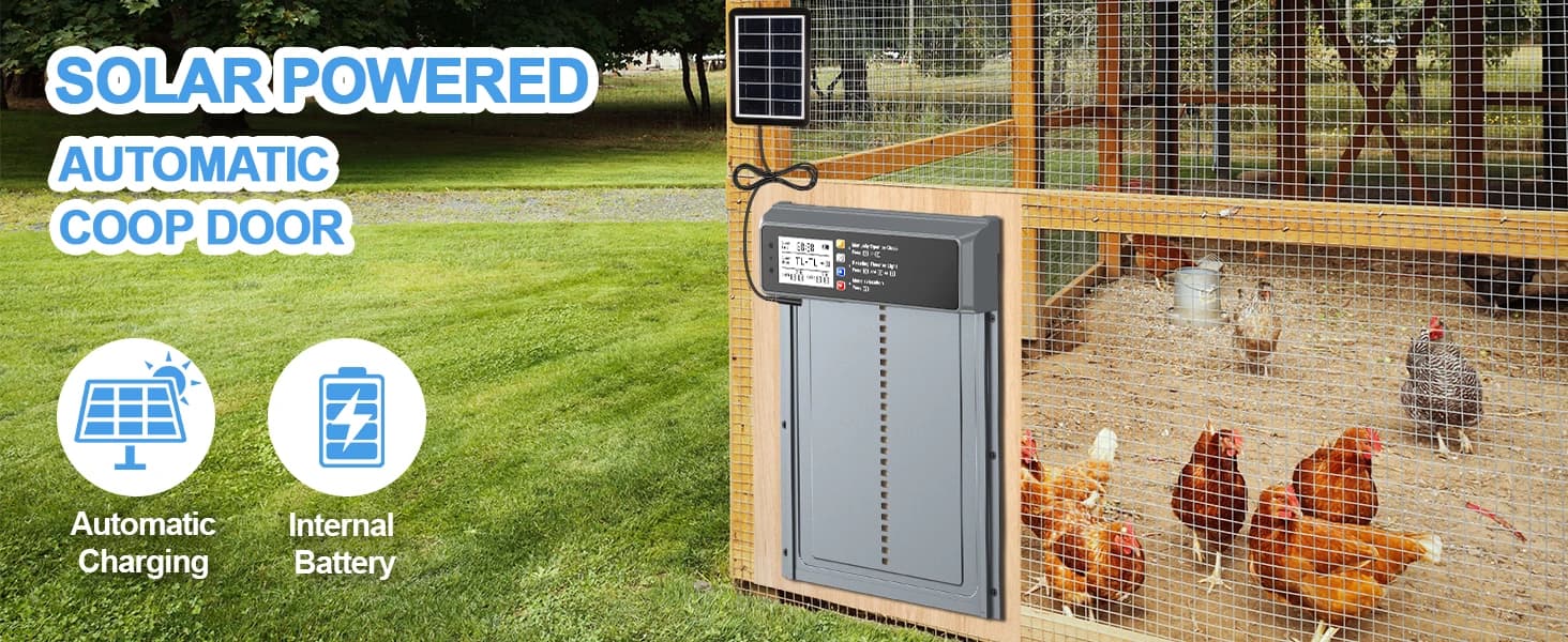 Automatic Chicken Coop Door Solar Powered with Timer and Light Sensor — AUTOMATIC CHICKEN DOOR SOLAR POWERED and RECHARGEABLE