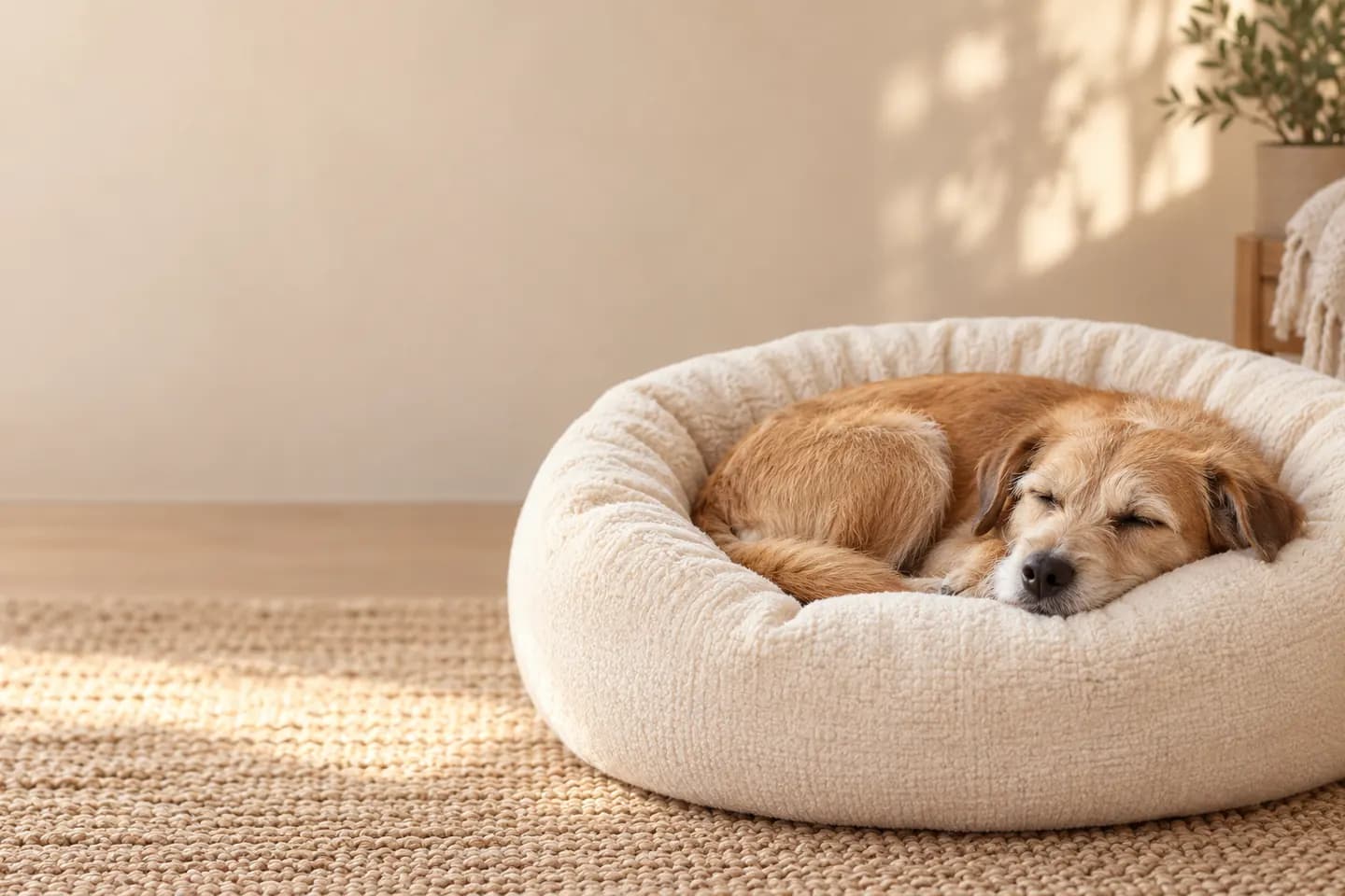 Dog resting in a cream pet bed