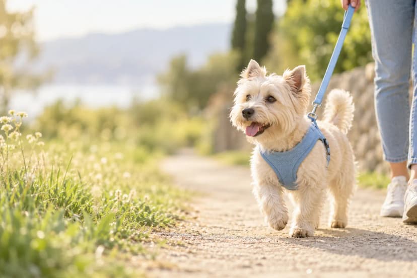Small dog wearing a blue harness outdoors