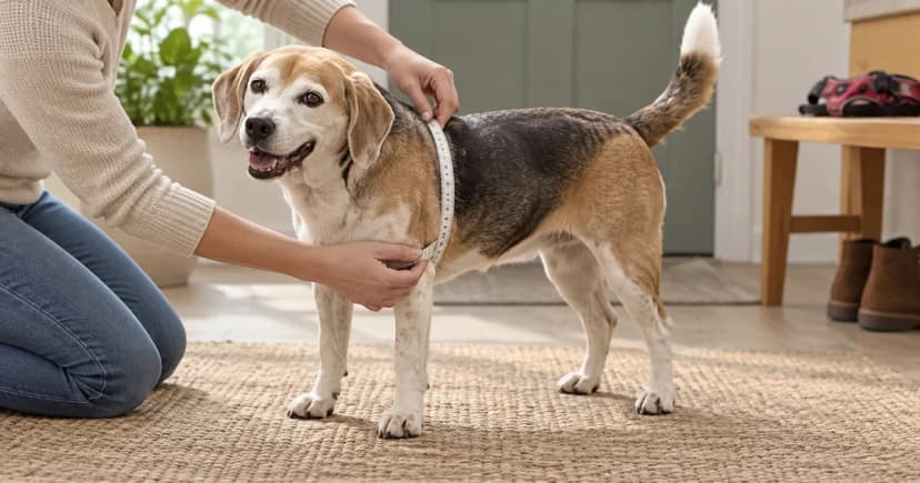 A person gently measures a standing beagle around the chest just behind its front legs.