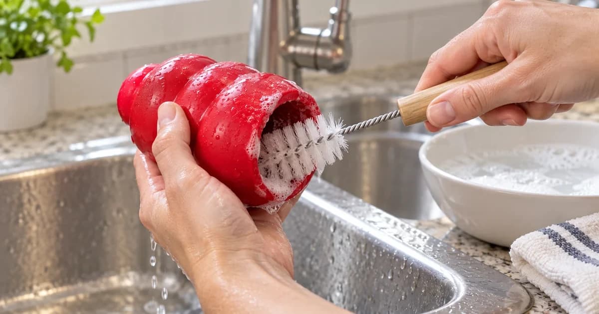 Two hands wash the inside of a red hollow dog toy with a bottle brush at a sink.