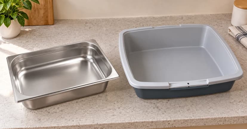 An empty reflective metal pan and an empty gray litter tray sit separately on a utility counter.