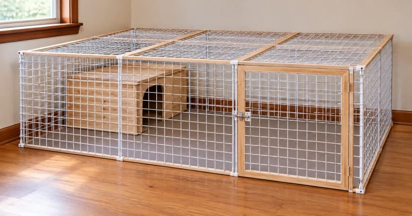 Empty generic rabbit pen with an accessible low wooden shelter, an open ground-level route and a mesh-covered enclosure.
