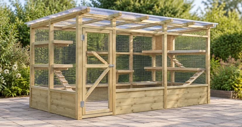 Edited illustration of an empty timber-and-mesh catio with a human access door, roof and shelves