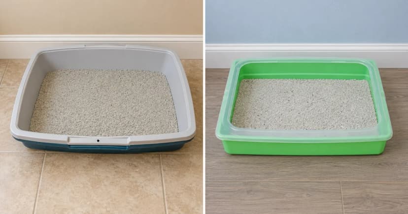 Two separate room views, each showing a whole open litter tray with a clear floor approach
