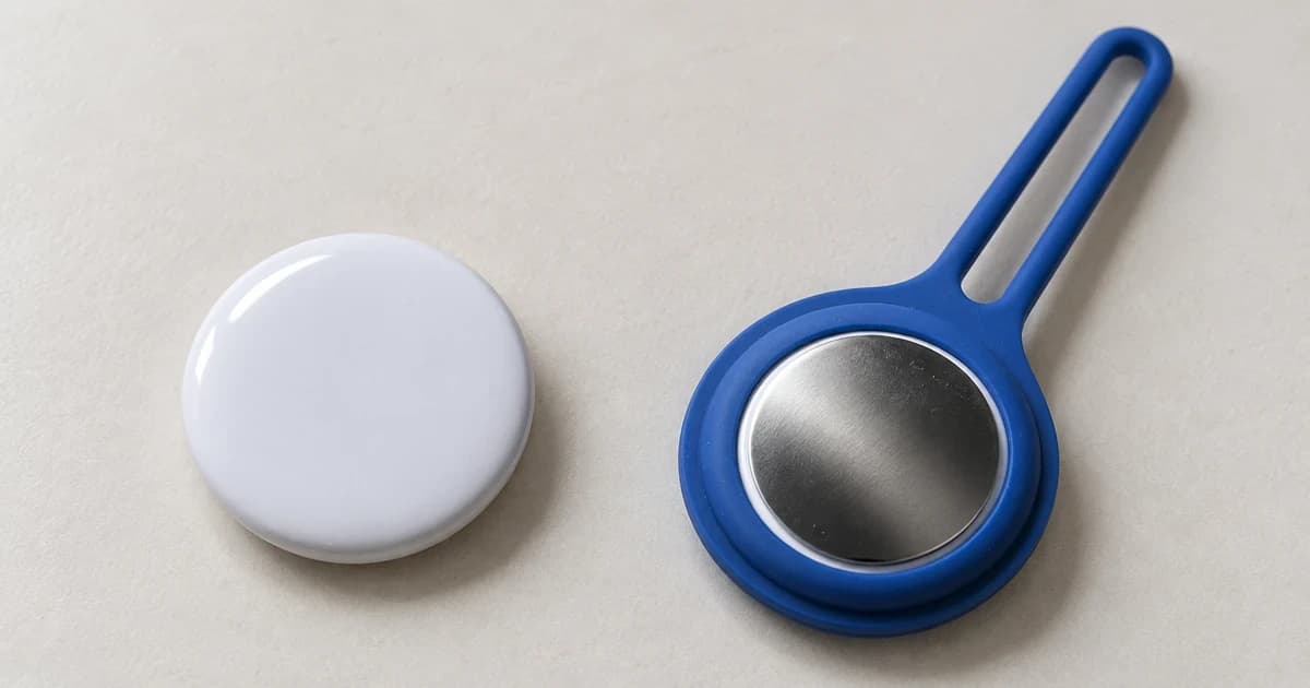 A white-faced circular item tag rests beside a blue looped holder containing a metallic-backed tag on a light tabletop.