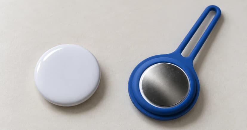A white-faced circular item tag rests beside a blue looped holder containing a metallic-backed tag on a light tabletop.